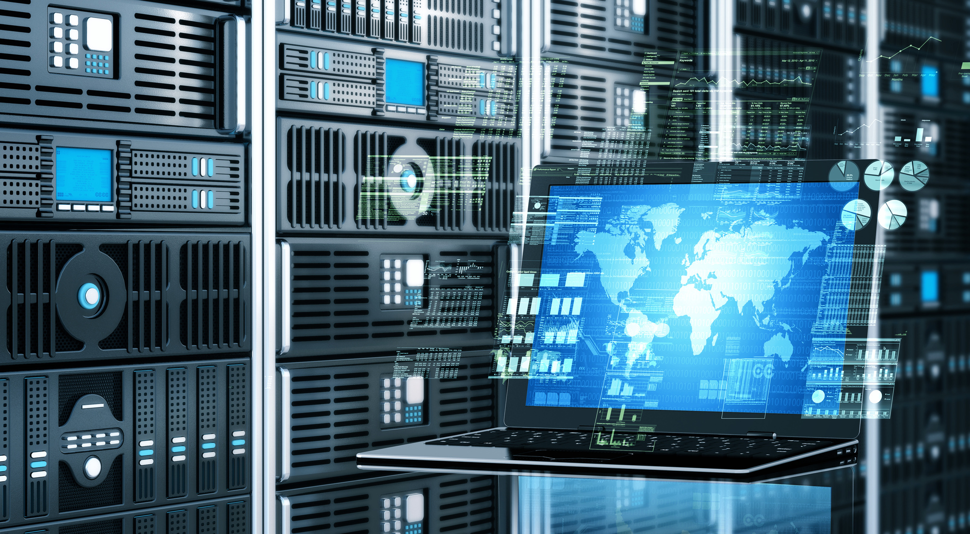 Visual  concept of an internet connected  laptop with server rack background doing virtually sophisticated data processing calculation.